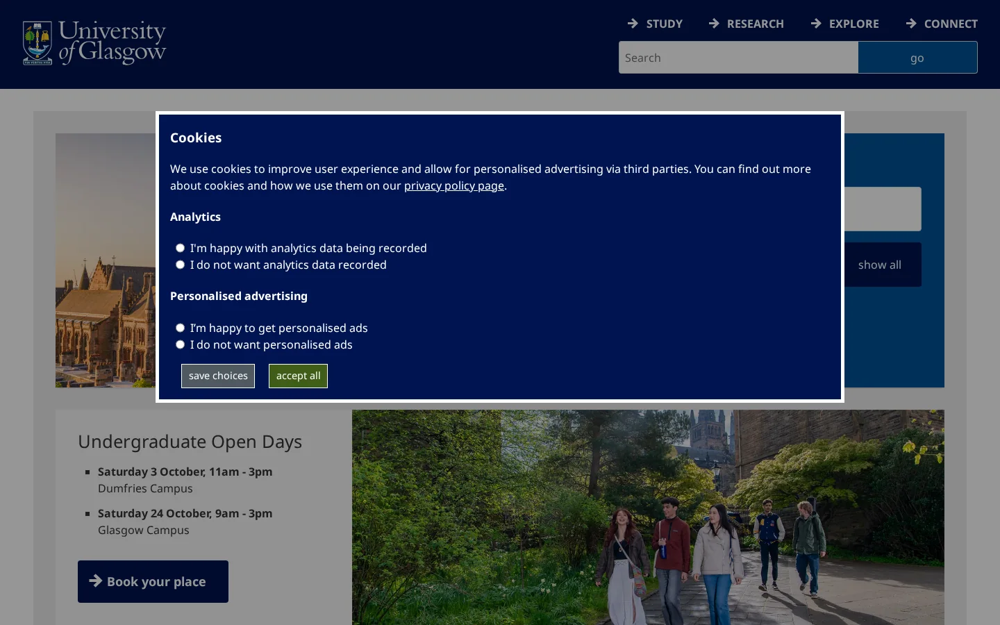 The University of Glasgow, Scotland, UK. A world top 100 university Homepage screenshot