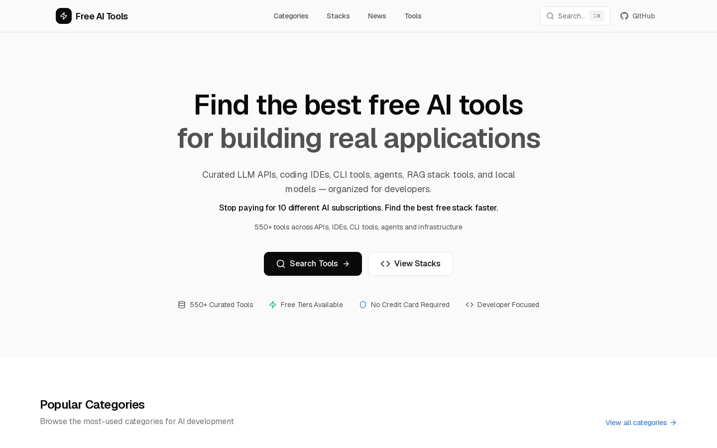 Free AI Tools Directory | Curated List for Developers Homepage screenshot