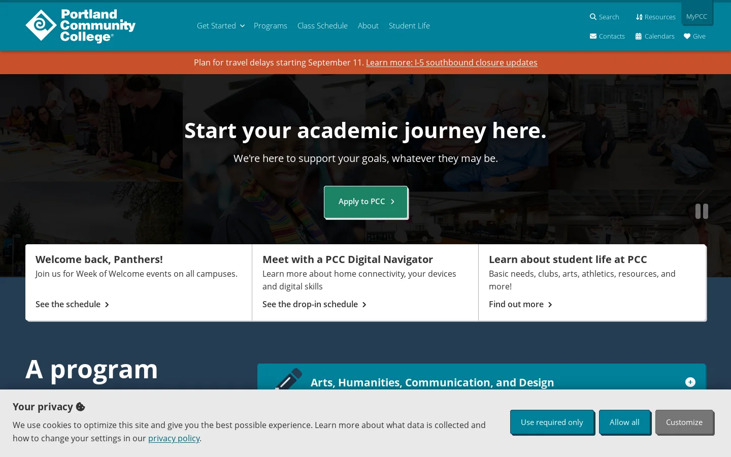 Portland Community College Homepage screenshot