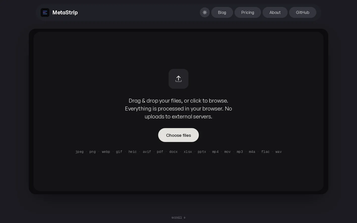 MetaStrip, strip hidden metadata from files Homepage screenshot