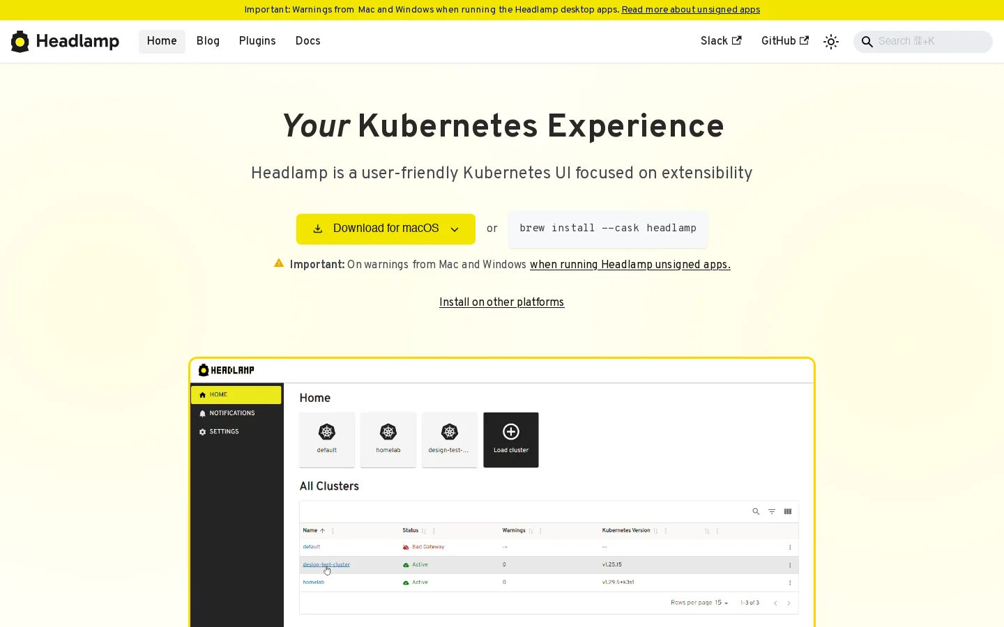 Headlamp Homepage screenshot