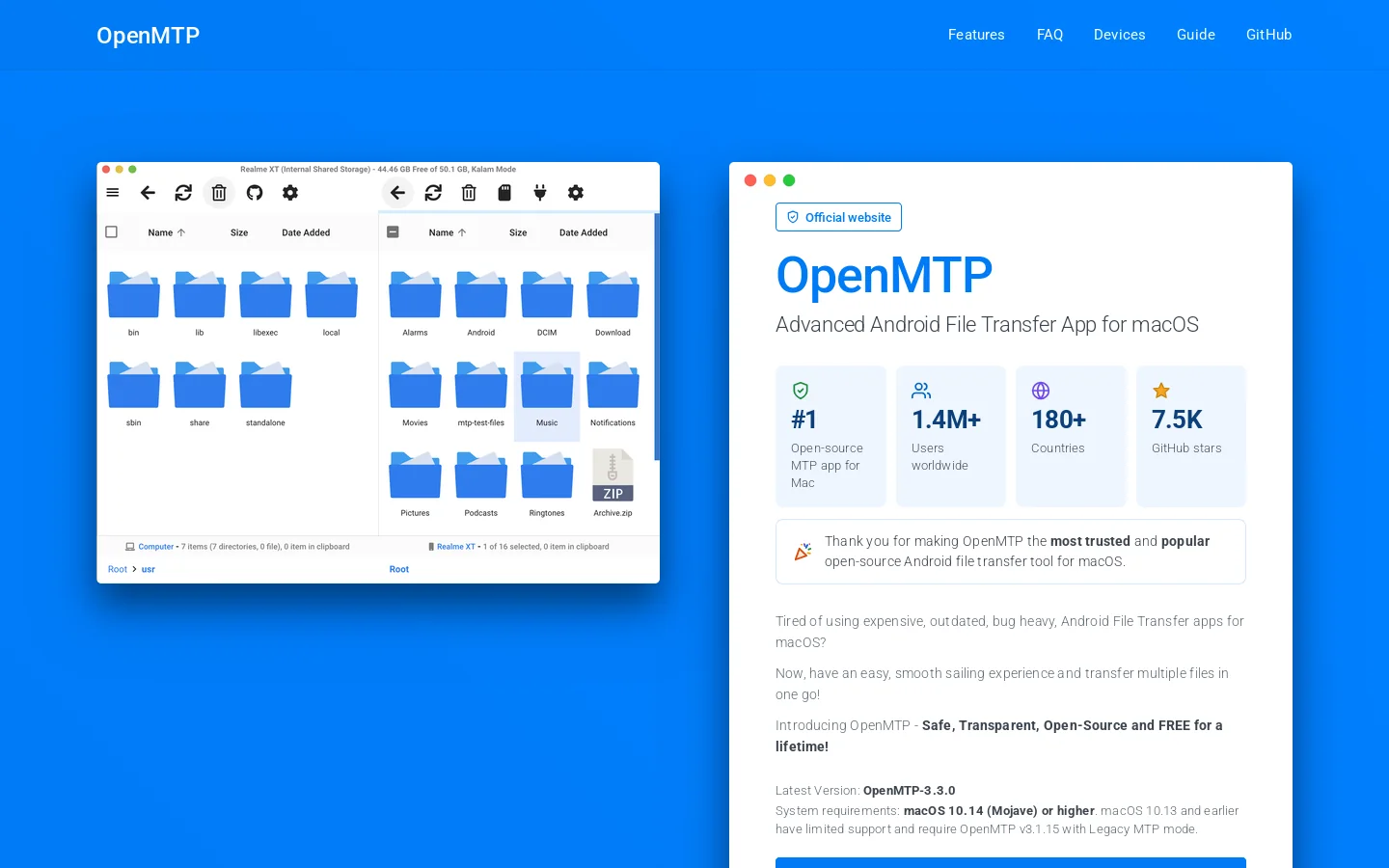 [Official] OpenMTP | Android File Transfer for macOS - Samsung, Garmin, FujiFilm, Kindle, Meta Quest VR, Apple Silicon and Intel support Homepage screenshot