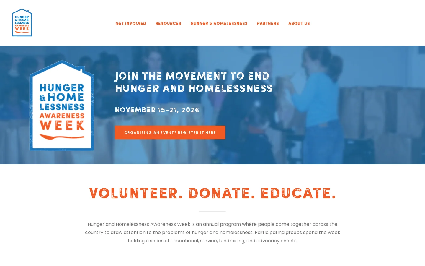 Hunger & Homelessness Awareness Week Homepage screenshot
