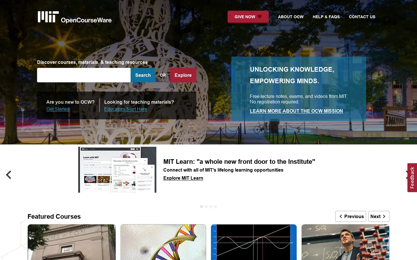 MIT OpenCourseWare | Free Online Course Materials Homepage screenshot