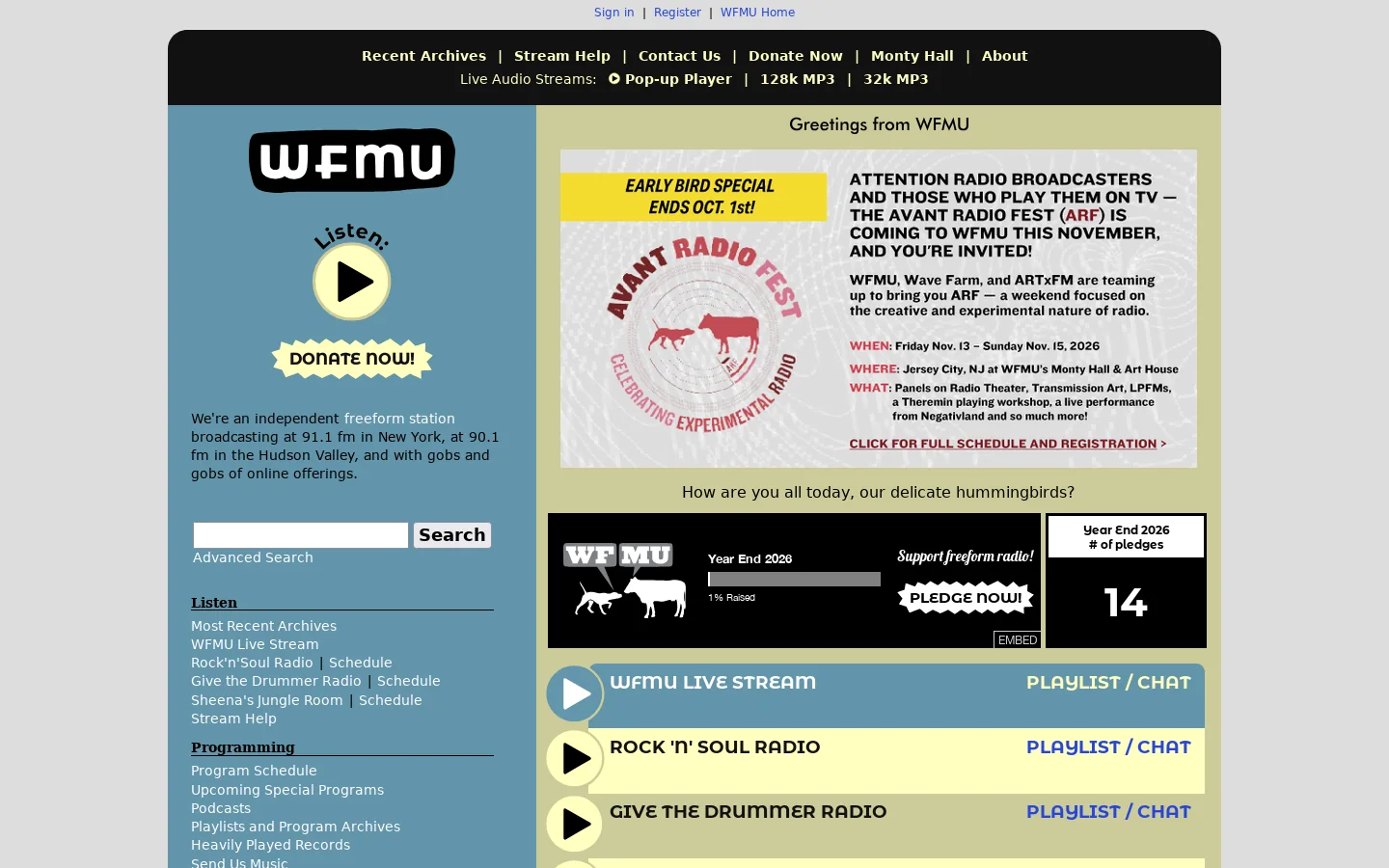 WFMU-FM 91.1/Jersey City, NJ; 90.1/Hudson Valley, NY Homepage screenshot