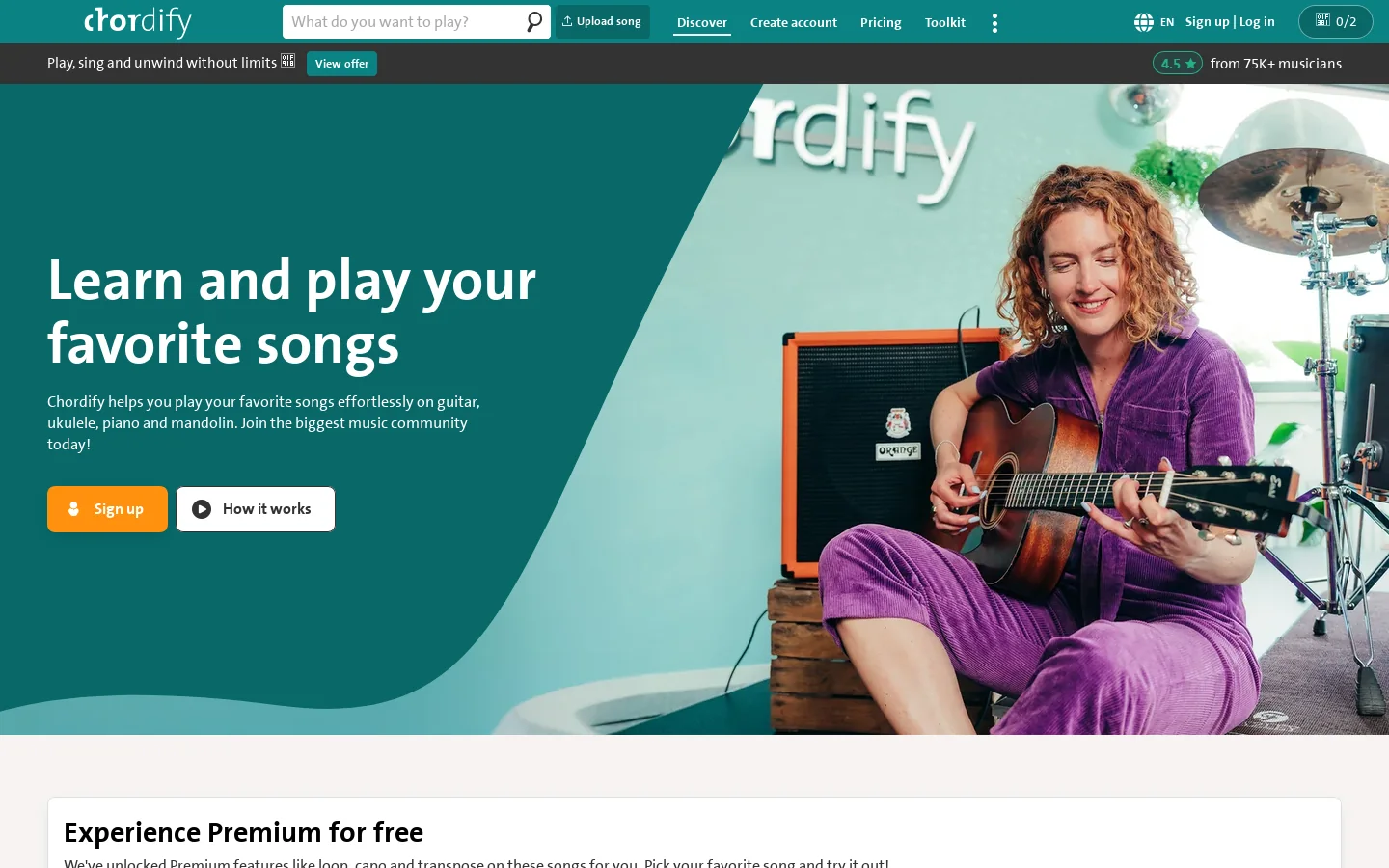 Chordify Homepage screenshot