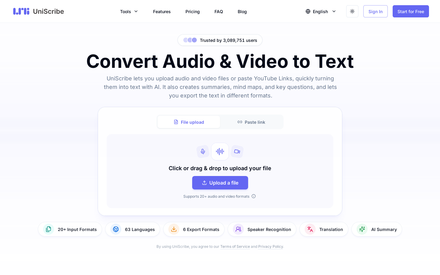 Convert audio and video to text online for free Homepage screenshot