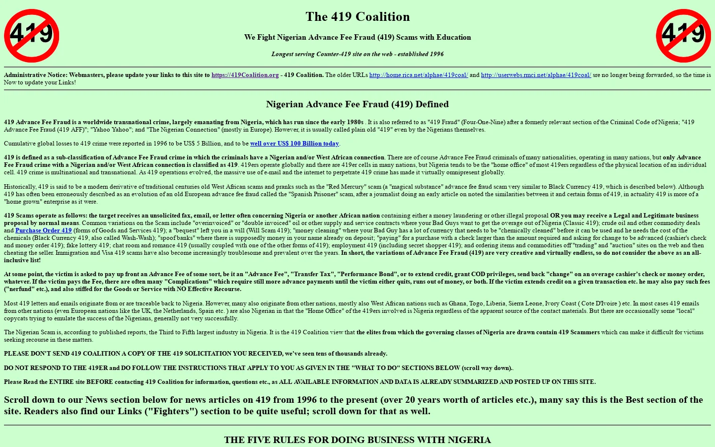 419 Coalition Fights Nigerian 419 Scams Homepage screenshot