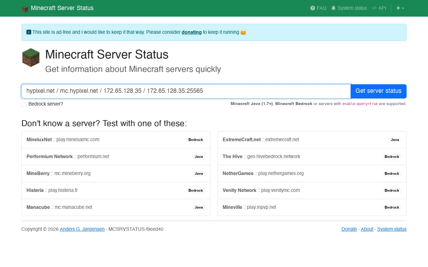 Minecraft Server Status · Get information about Minecraft servers quickly Homepage screenshot