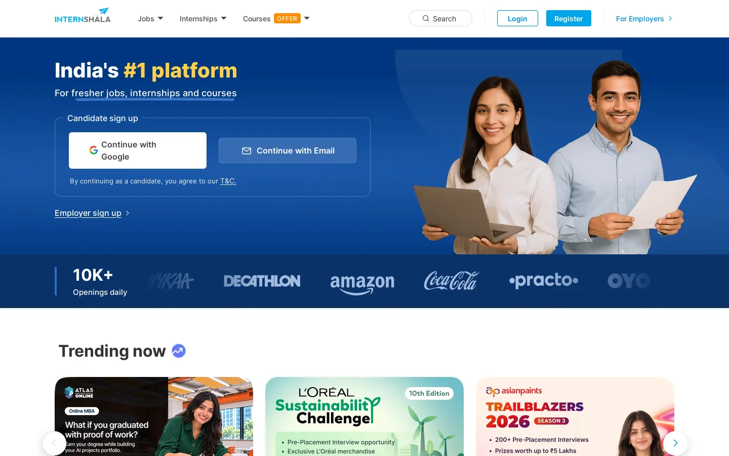 Internshala Homepage screenshot