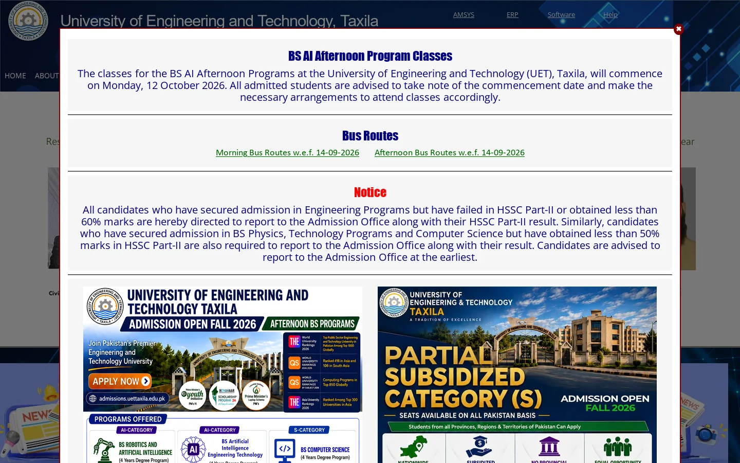 University of Engineering and Technology Taxila Homepage screenshot