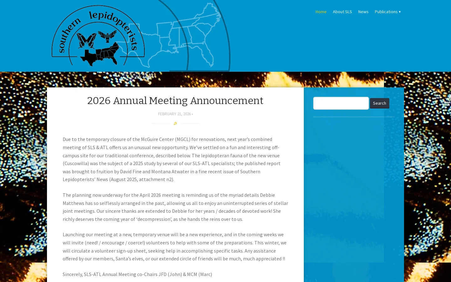Southern Lepidopterists' Society | Southern Lepidopterists' Society Homepage screenshot