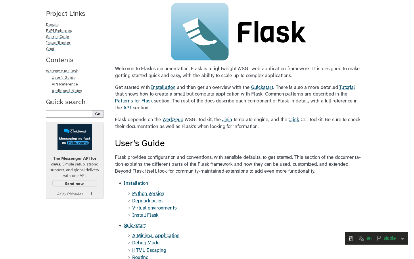 Flask Documentation (3.1.x) Homepage screenshot