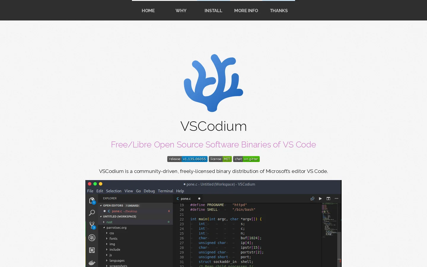 VSCodium Homepage screenshot