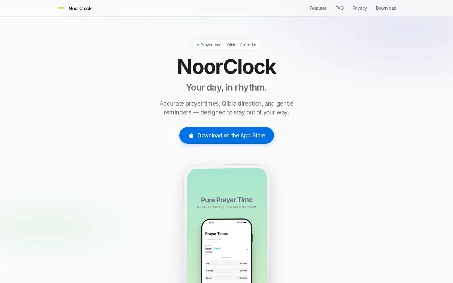 NoorClock — Ad-Free Prayer Times, Qibla & Widgets for iPhone Homepage screenshot