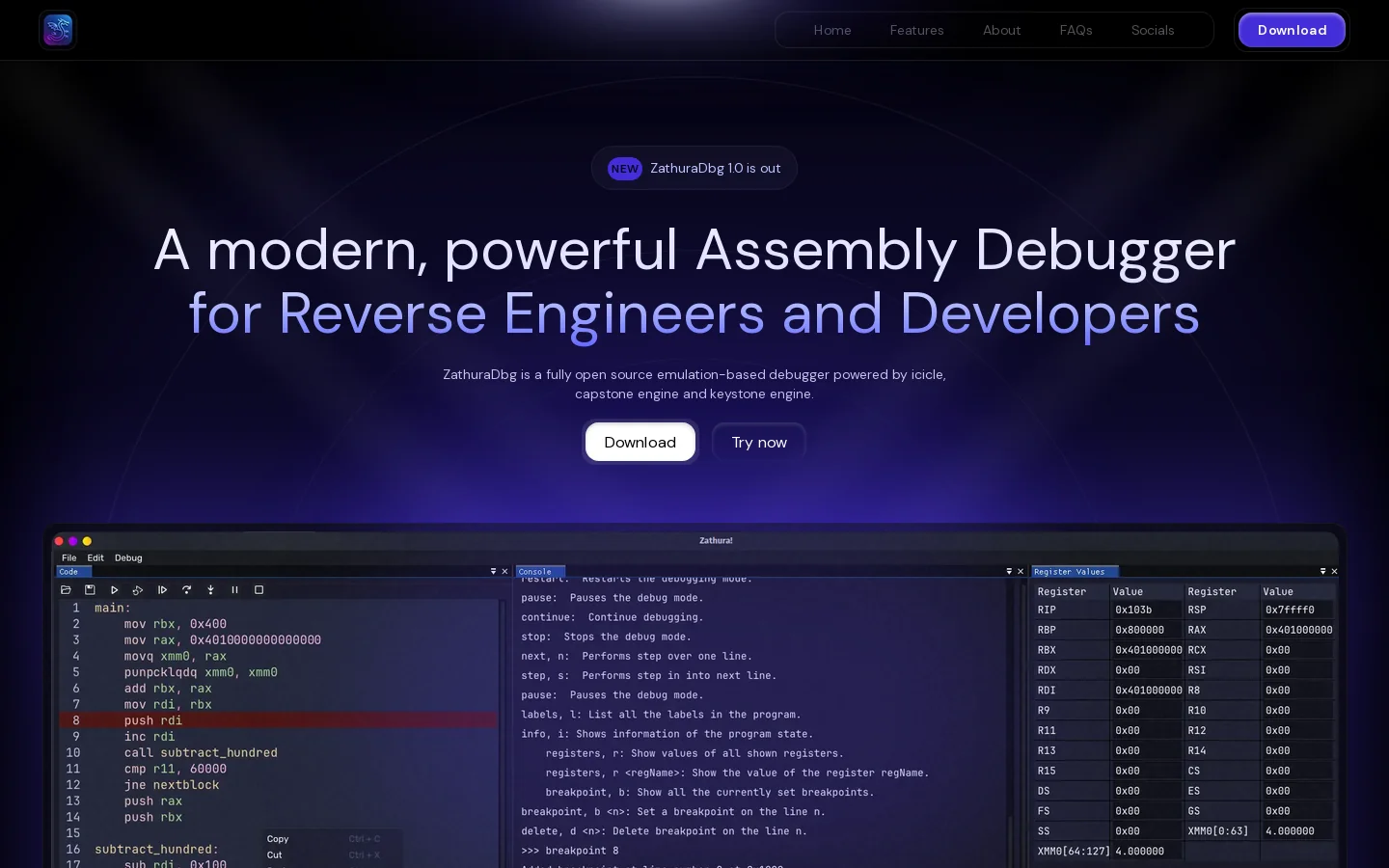 ZathuraDbg Homepage screenshot