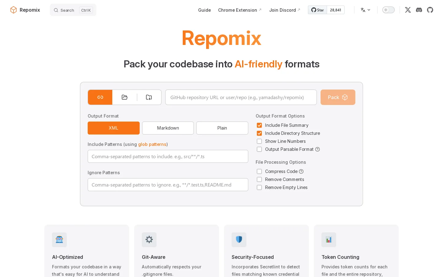 Repomix Homepage screenshot