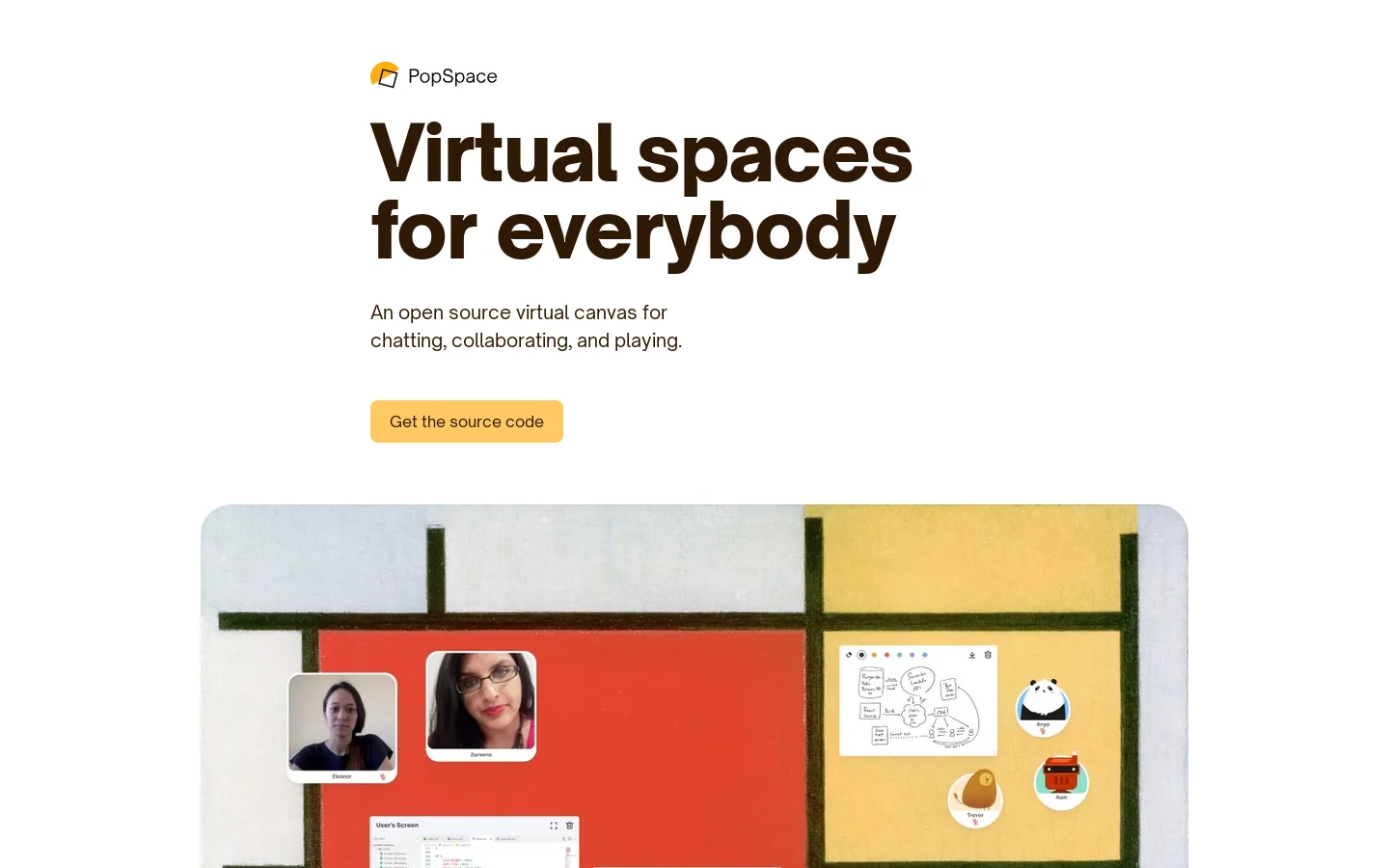 PopSpace, virtual spaces for everybody Homepage screenshot