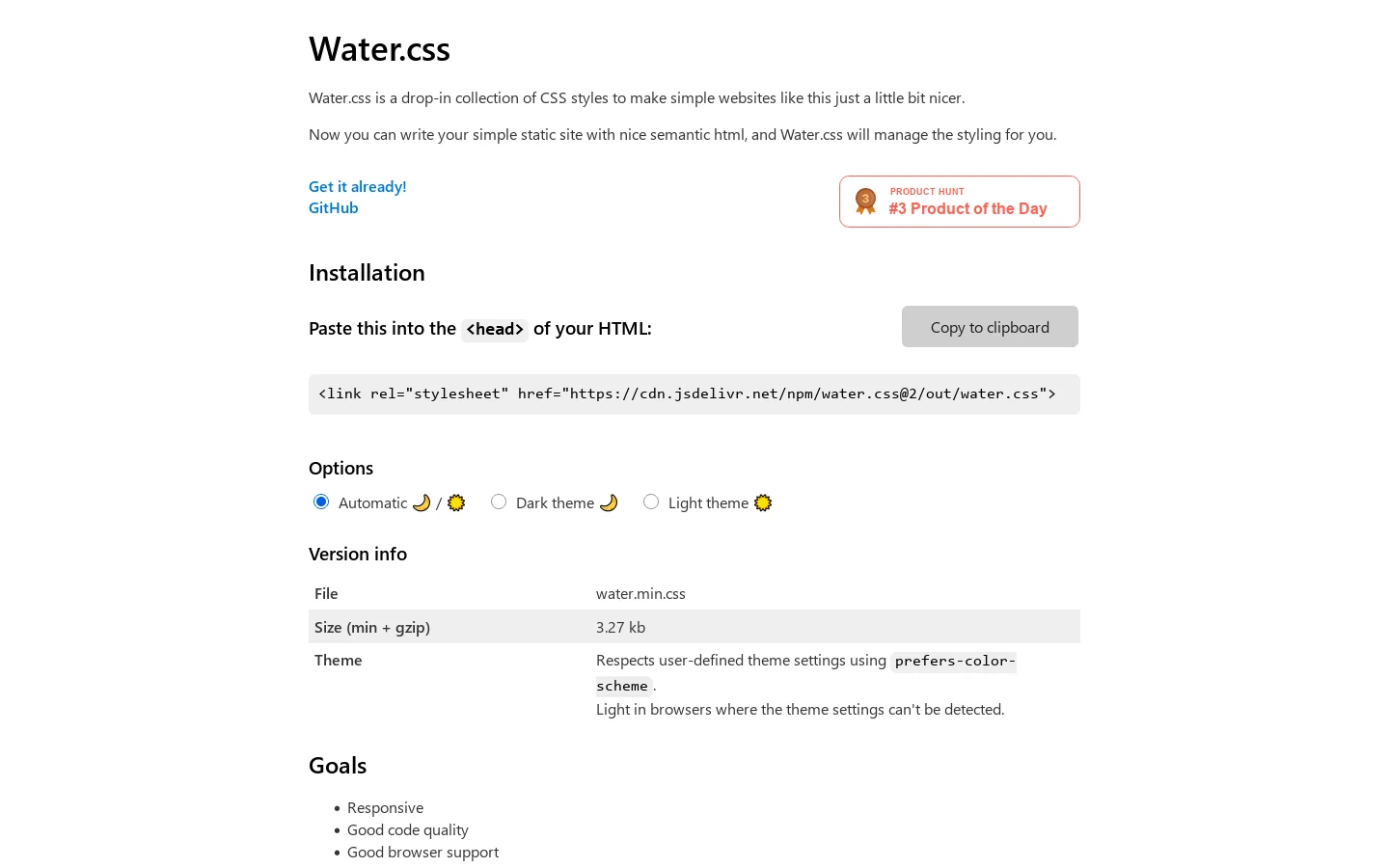 Water.css Homepage screenshot