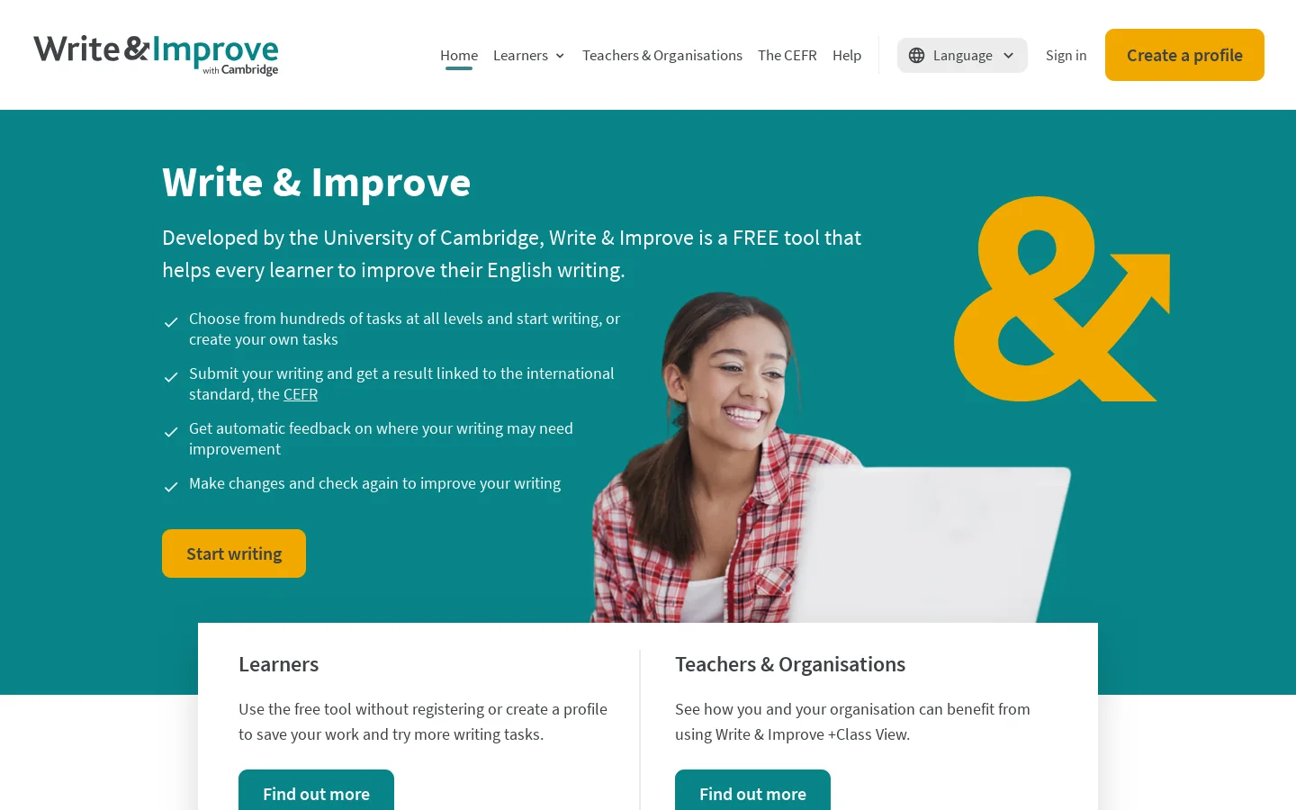 Write & Improve with Cambridge Homepage screenshot