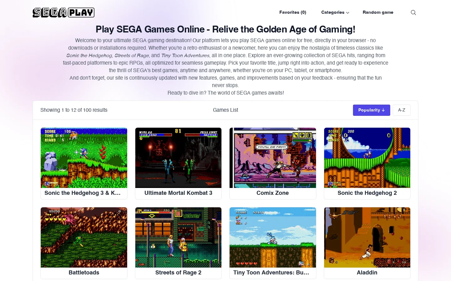 SEGA Games Online - Save, Resume, and Play Anytime Homepage screenshot
