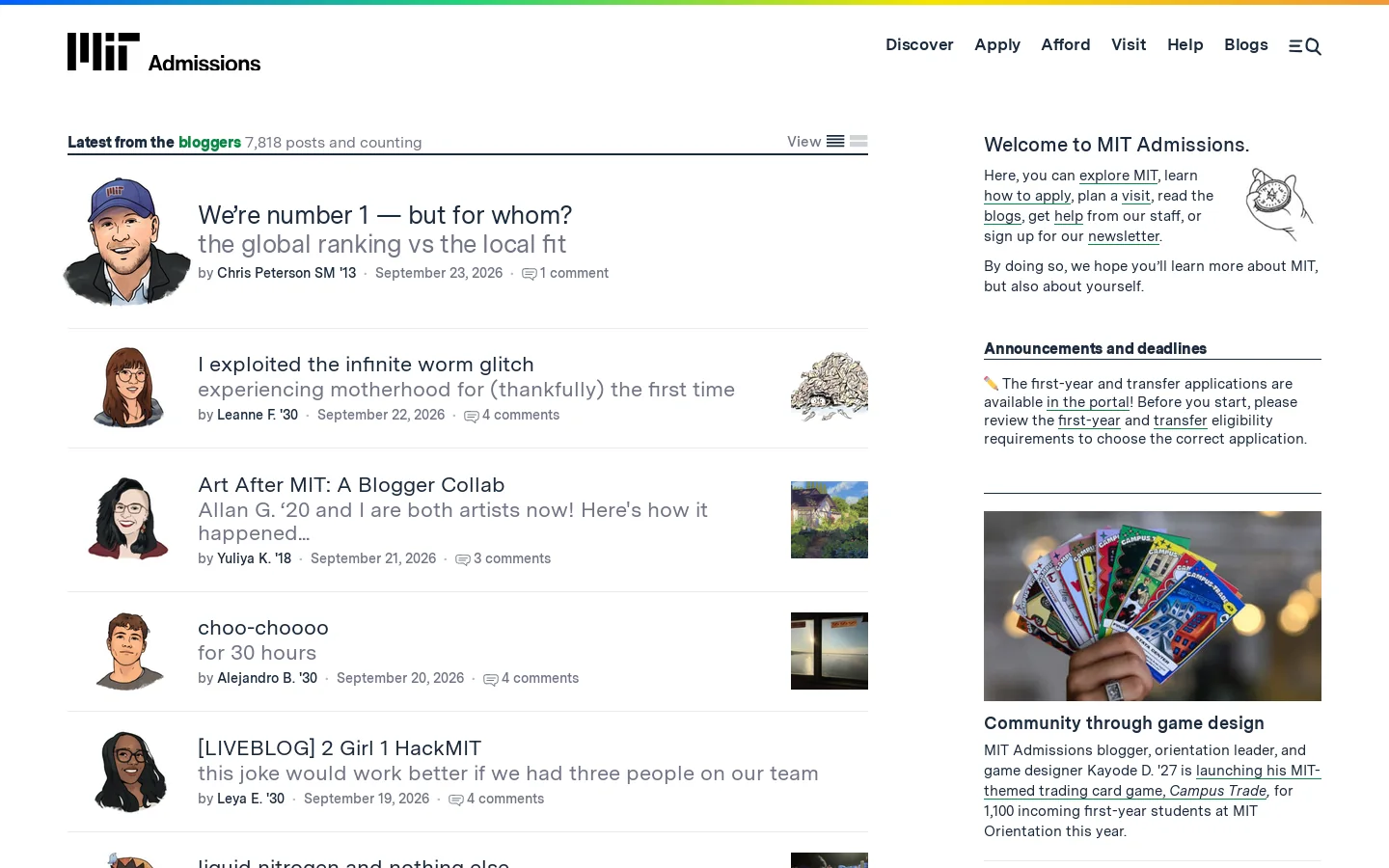 MIT Admissions Homepage screenshot
