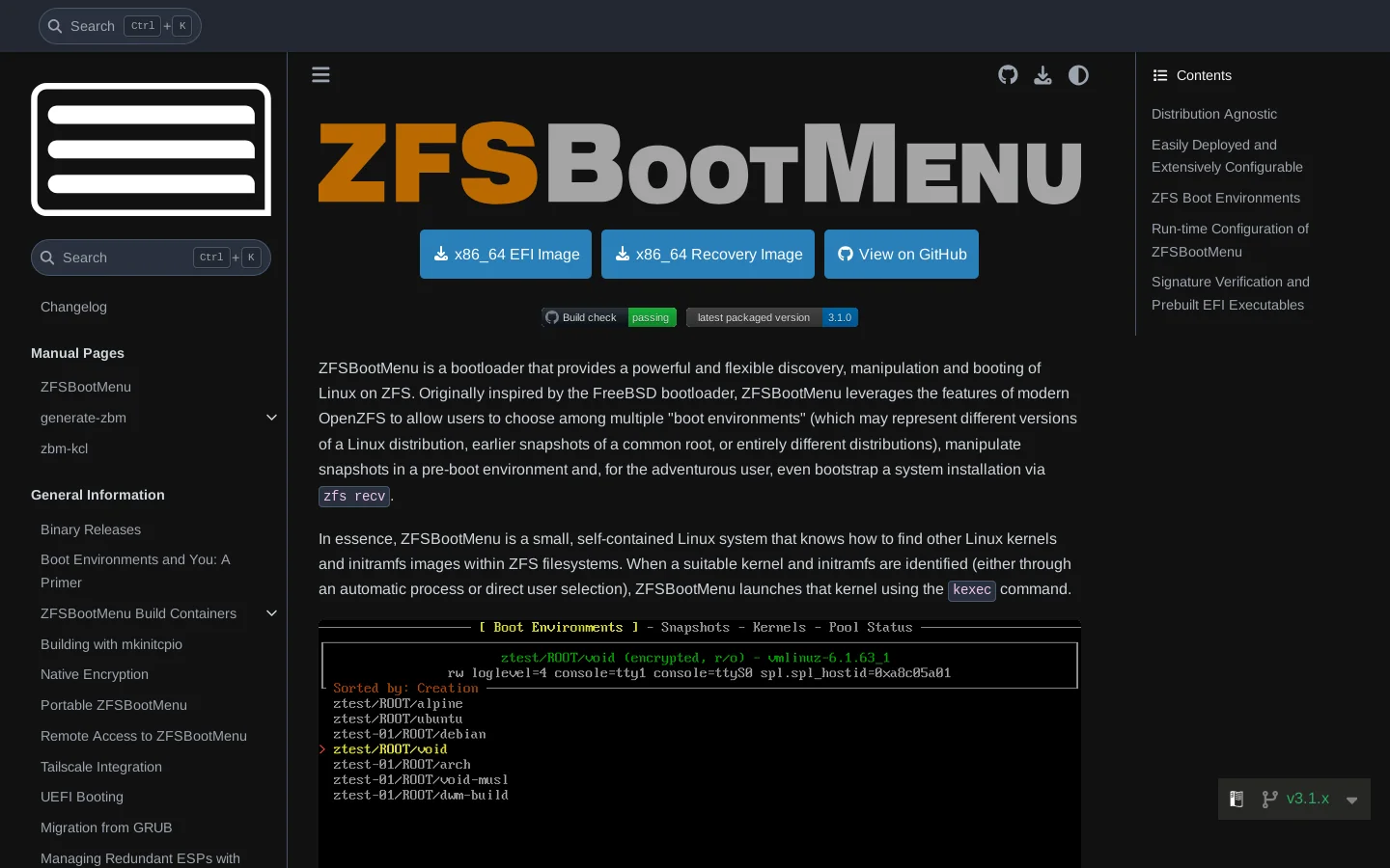 Overview — ZFSBootMenu 3.1.0 documentation Homepage screenshot