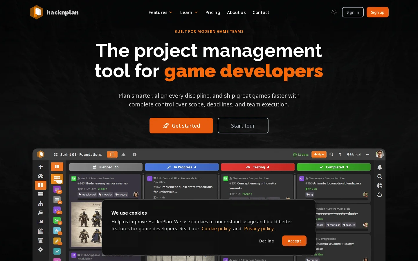 The project management tool for game developers Homepage screenshot