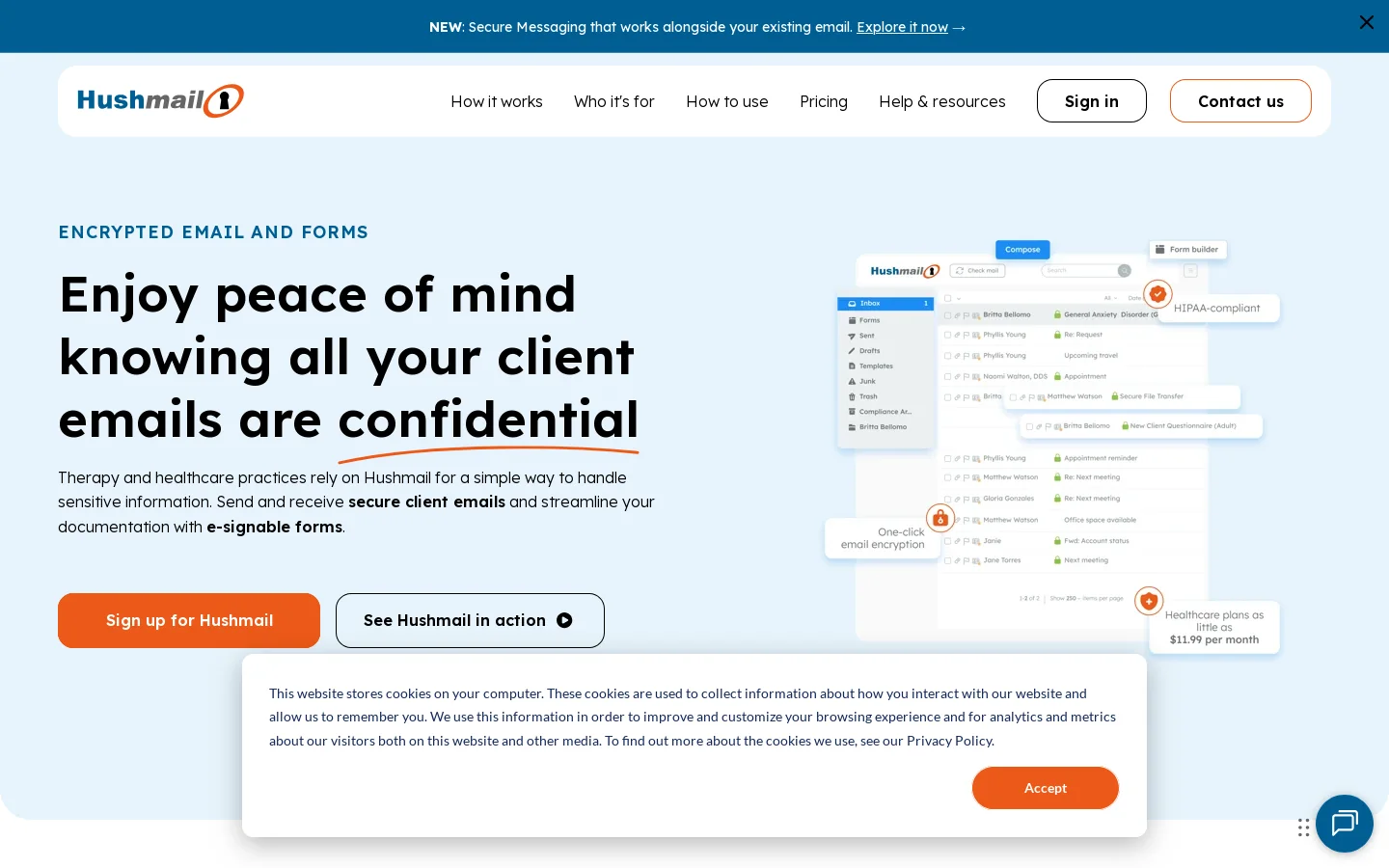 Hushmail Homepage screenshot