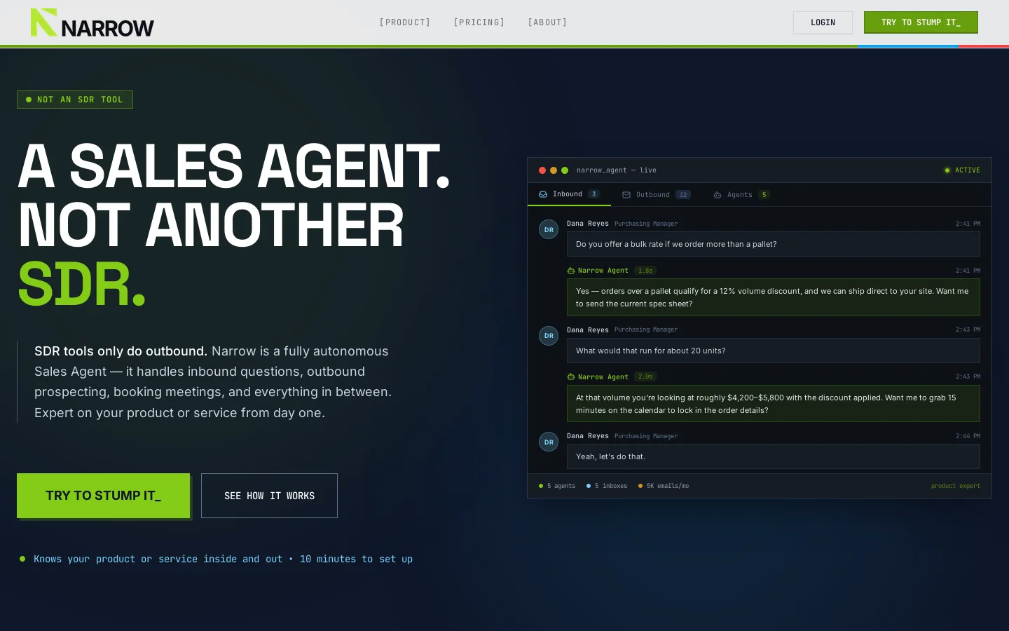Narrow | AI Sales Agent — Replace Your Junior Rep, Day One Homepage screenshot