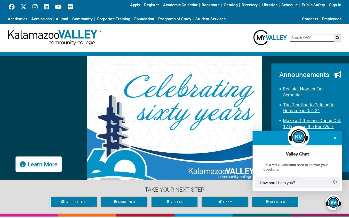 Kalamazoo Valley Community College Homepage screenshot