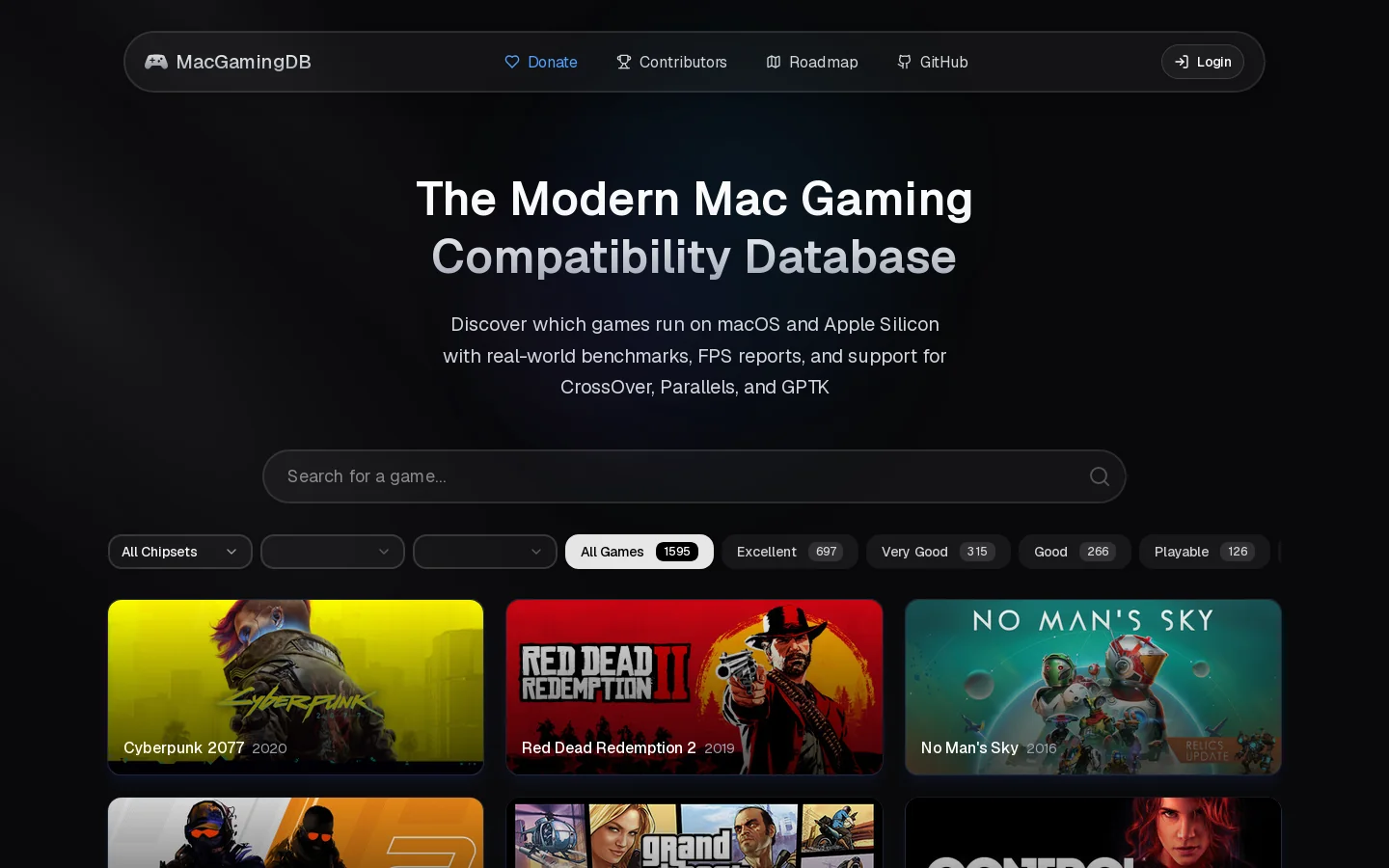 MacGamingDB Homepage screenshot