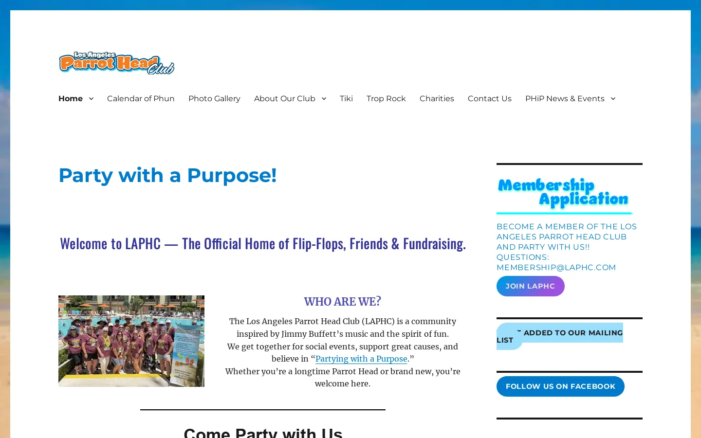 Los Angeles Parrot Head Club – Party with a Purpose! Homepage screenshot