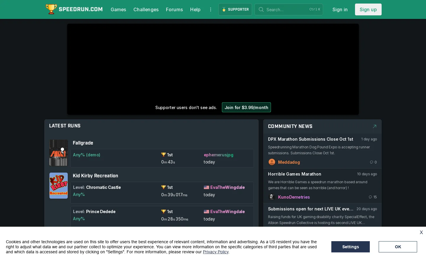 Speedrun.com Homepage screenshot