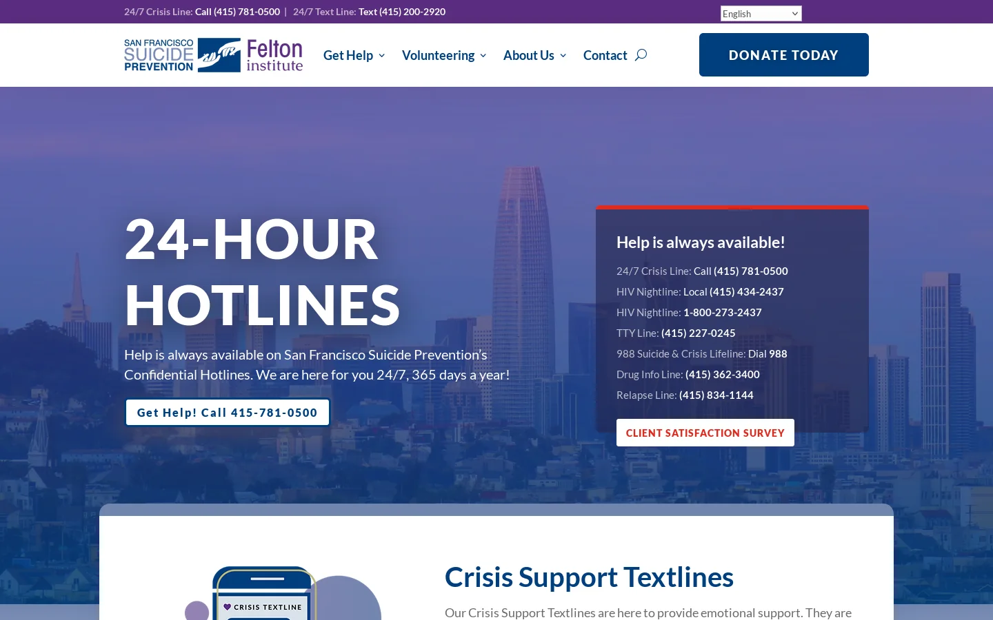 San Francisco Suicide Prevention (SFSP) | Felton Institute - San Francisco’s emotional support since 1962 Homepage screenshot