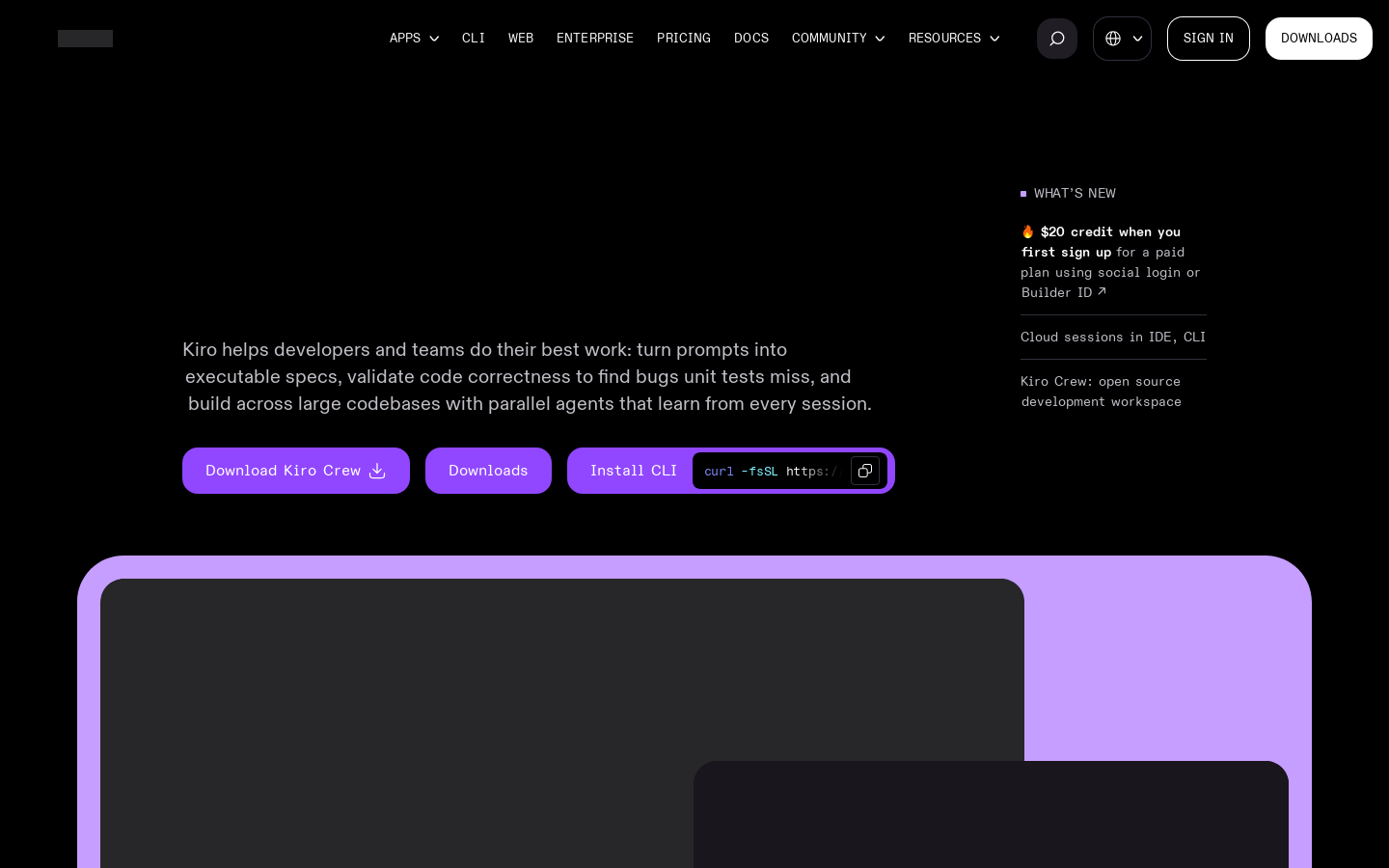 Kiro Homepage screenshot