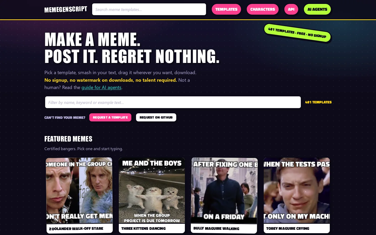 Memegenscript Homepage screenshot