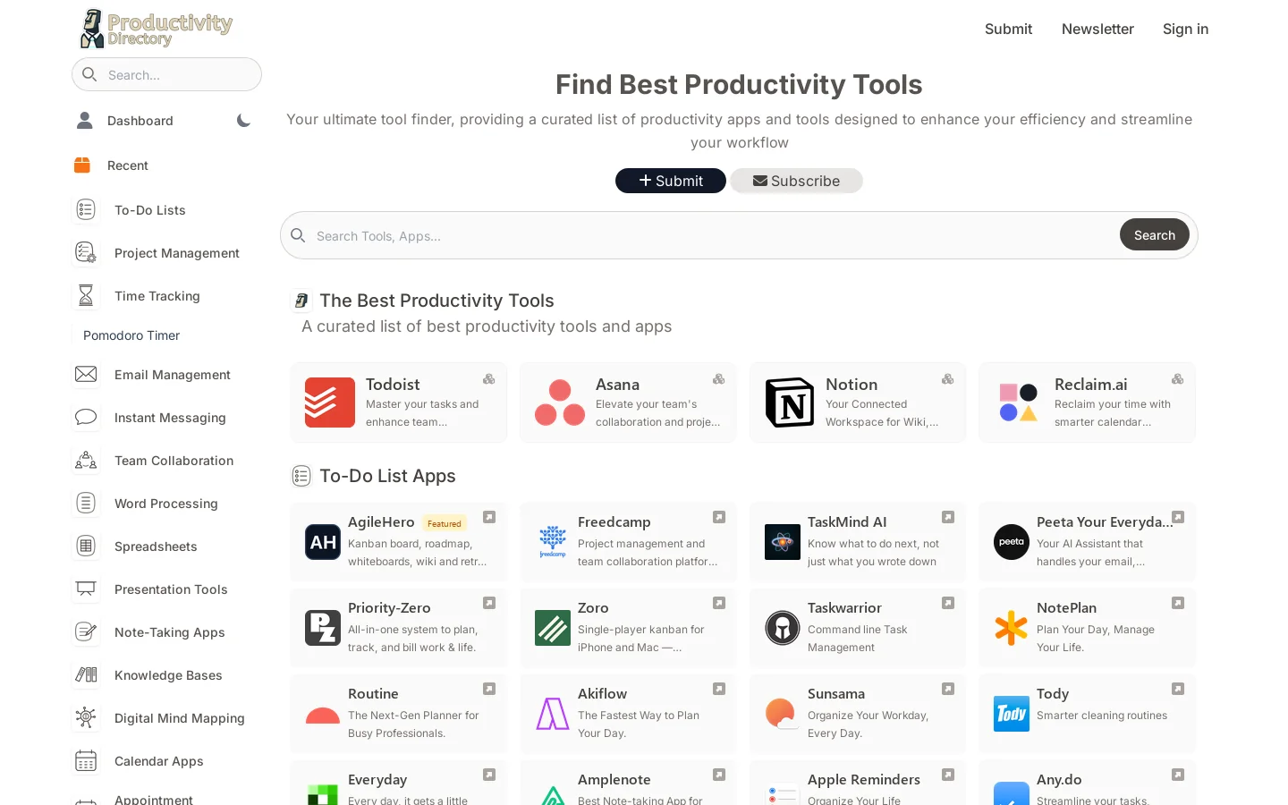 Productivity Directory Homepage screenshot