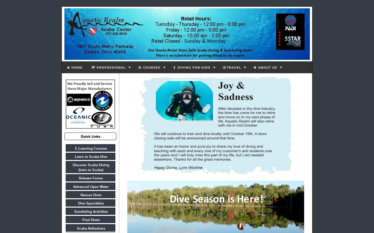 Aquatic Realm Scuba Center/PADI Scuba Diving and Snorkeling Lessons Homepage screenshot