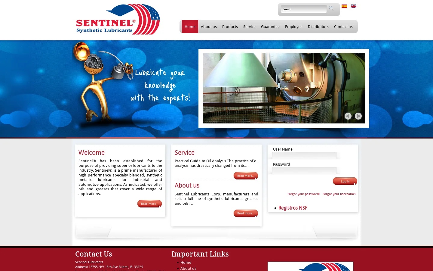 Sentinel Synthetic Lubricants Homepage screenshot