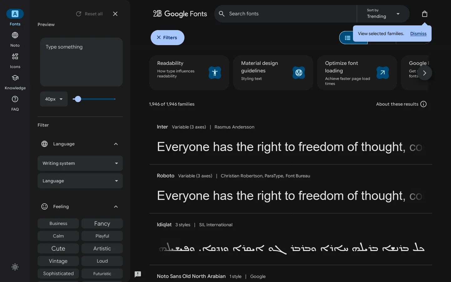 Browse Fonts - Google Fonts Homepage screenshot