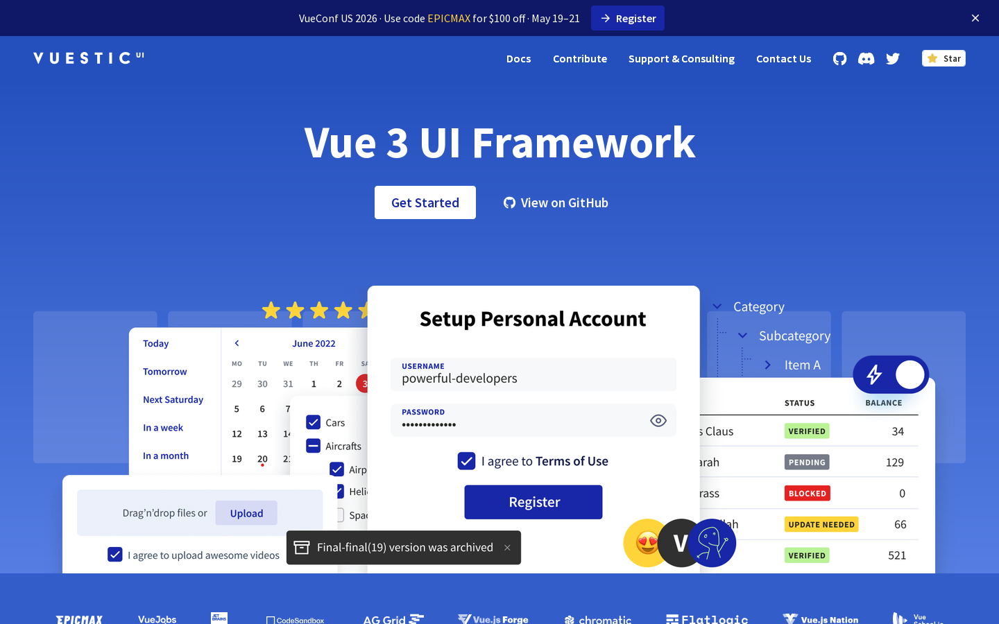 Vuestic UI — Vue 3 UI framework Homepage screenshot