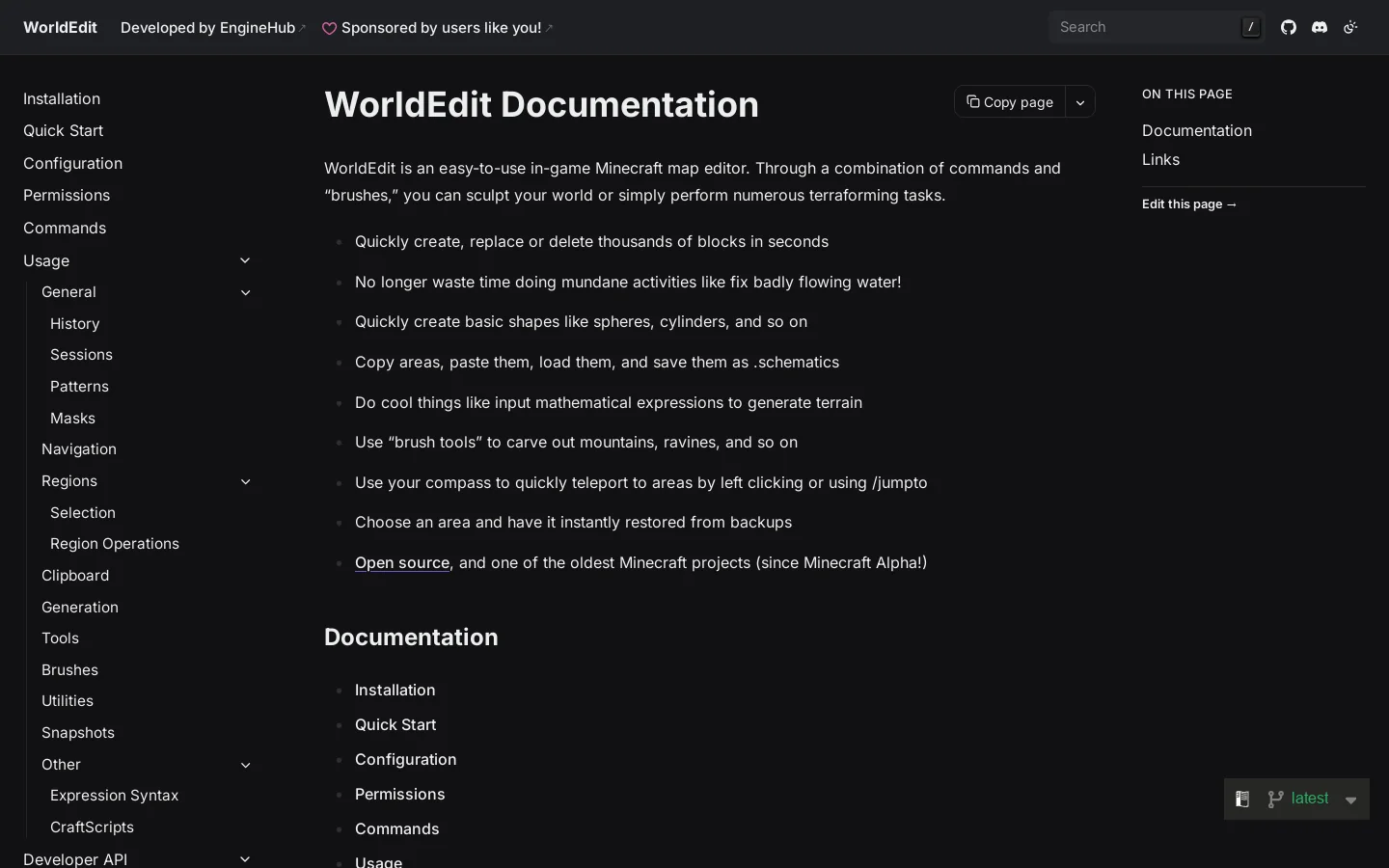 WorldEdit 7.4 documentation Homepage screenshot