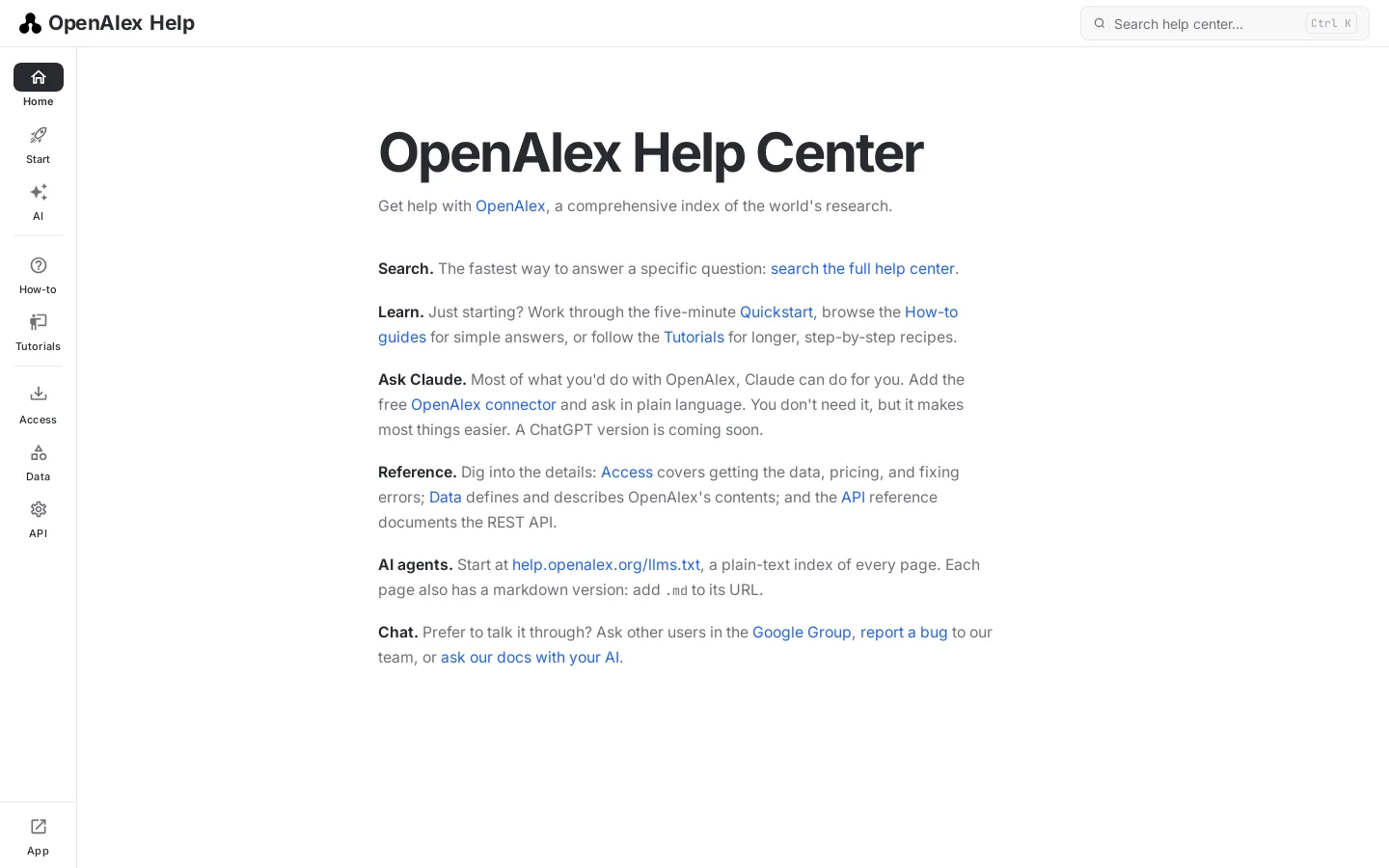 OpenAlex Help Center Homepage screenshot