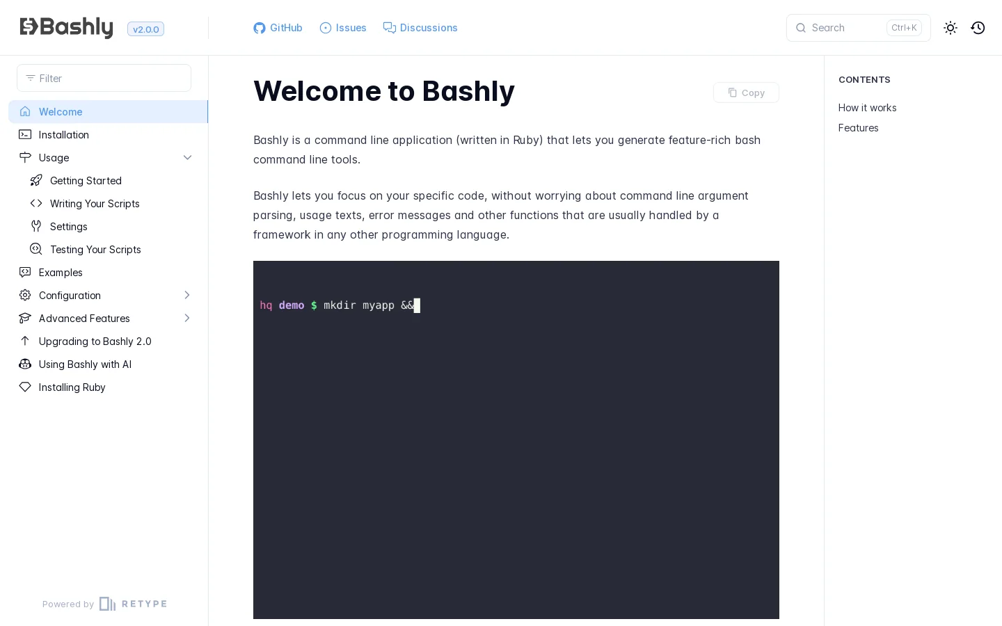 Bashly Homepage screenshot