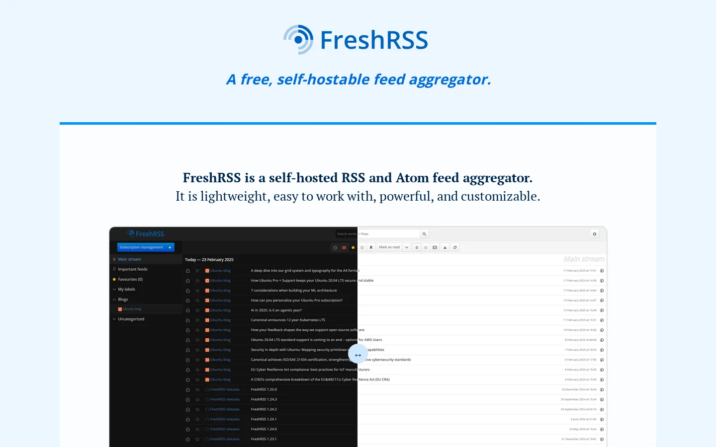 FreshRSS, a free, self-hostable feeds aggregator Homepage screenshot