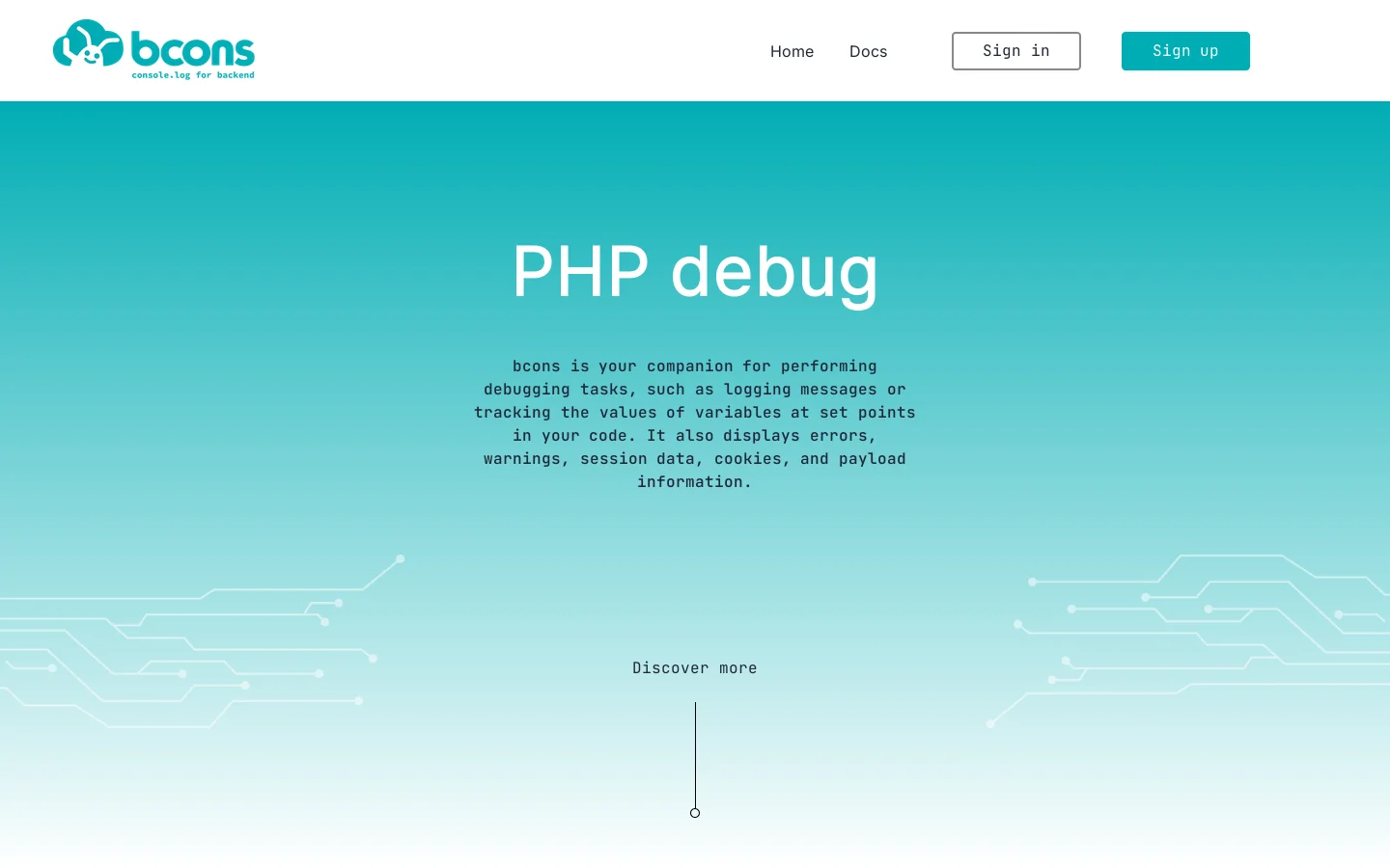 PHP Debug with bcons | Debug Your PHP Code Efficiently Homepage screenshot