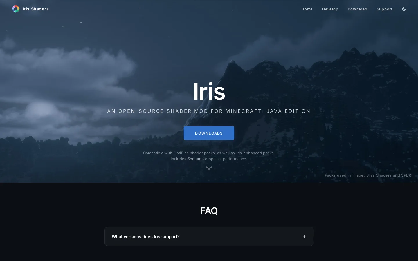 Iris Shaders Homepage screenshot