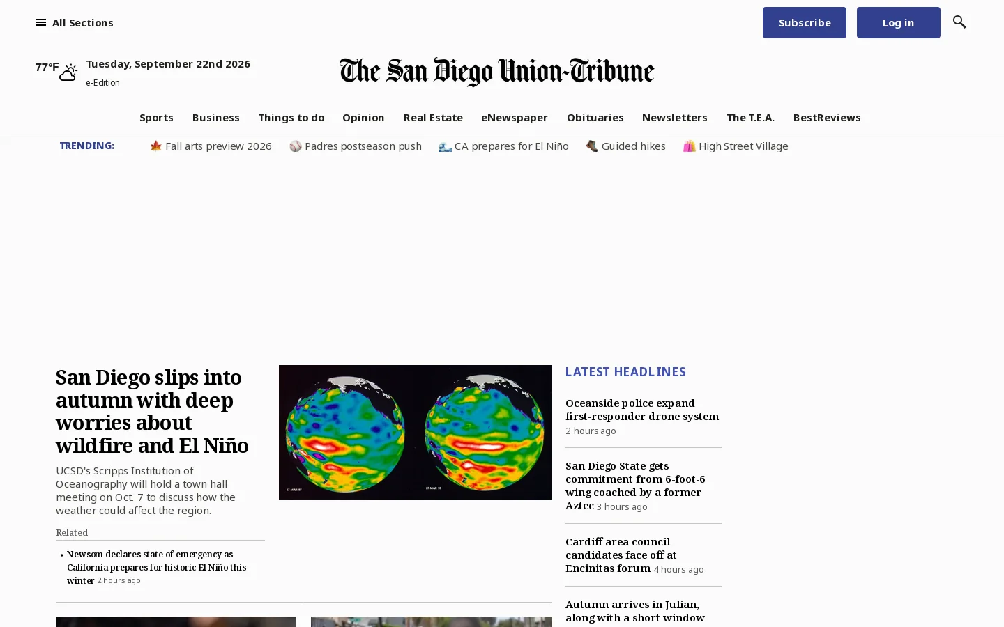 The San Diego Union-Tribune: Local News, Sports and Things to Do Homepage screenshot
