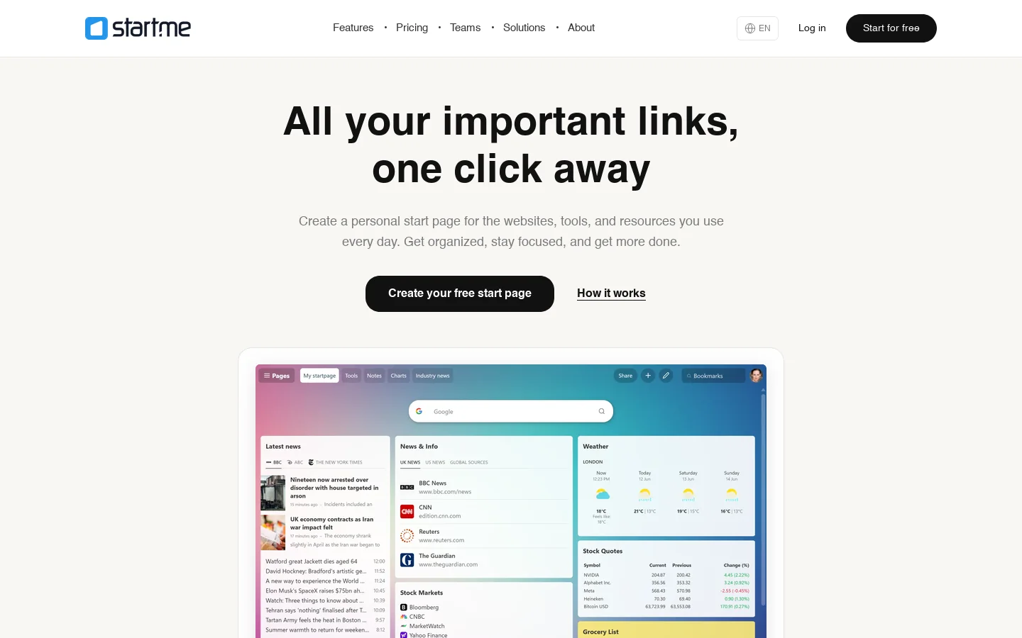 Start.me Homepage screenshot